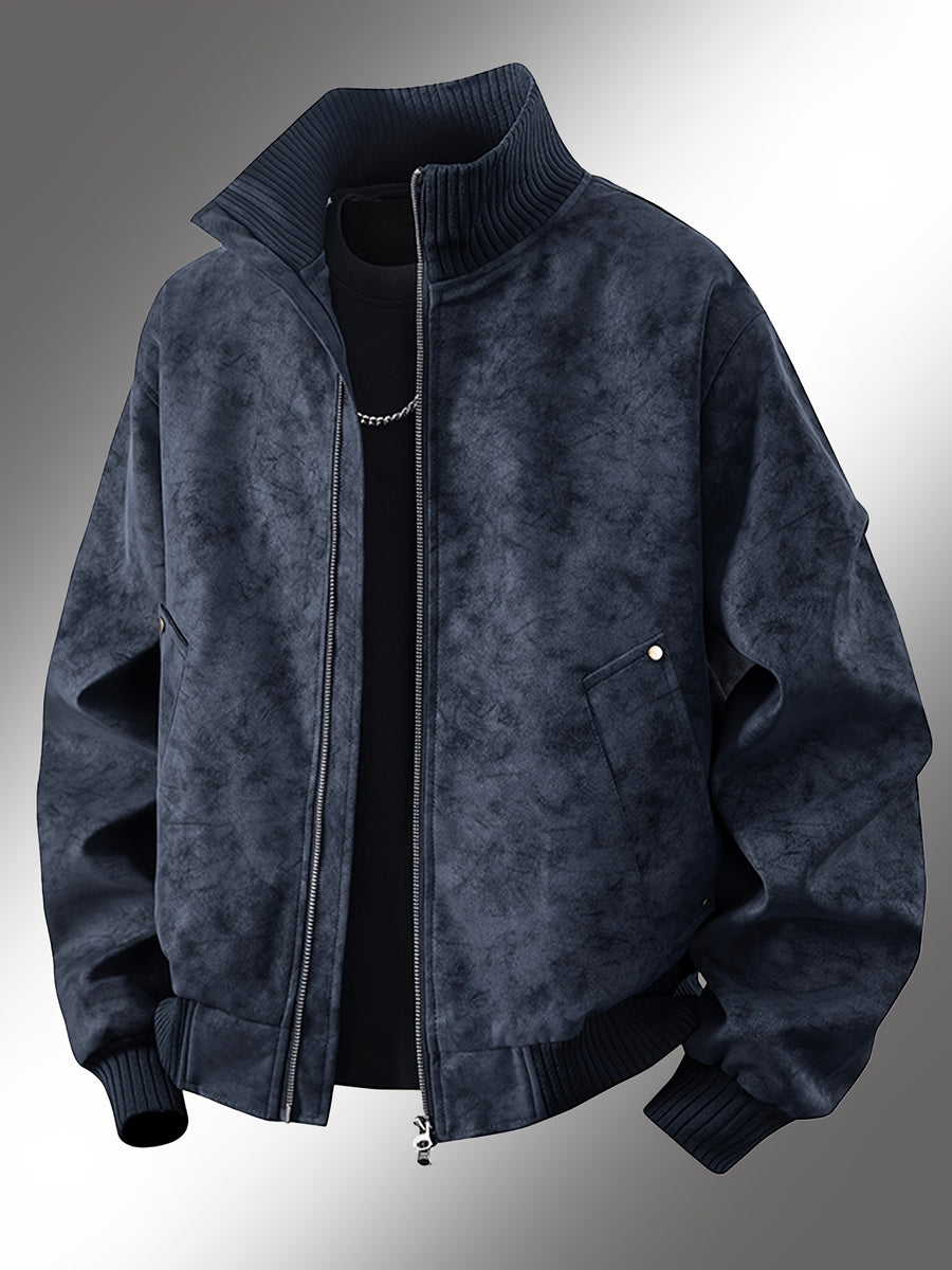 Men's Vintage Jacket, High Collar Ribbed Zipper American Casual Distressed Short Men's Jacket, Suitable for Daily Work Wear. - Navy Color