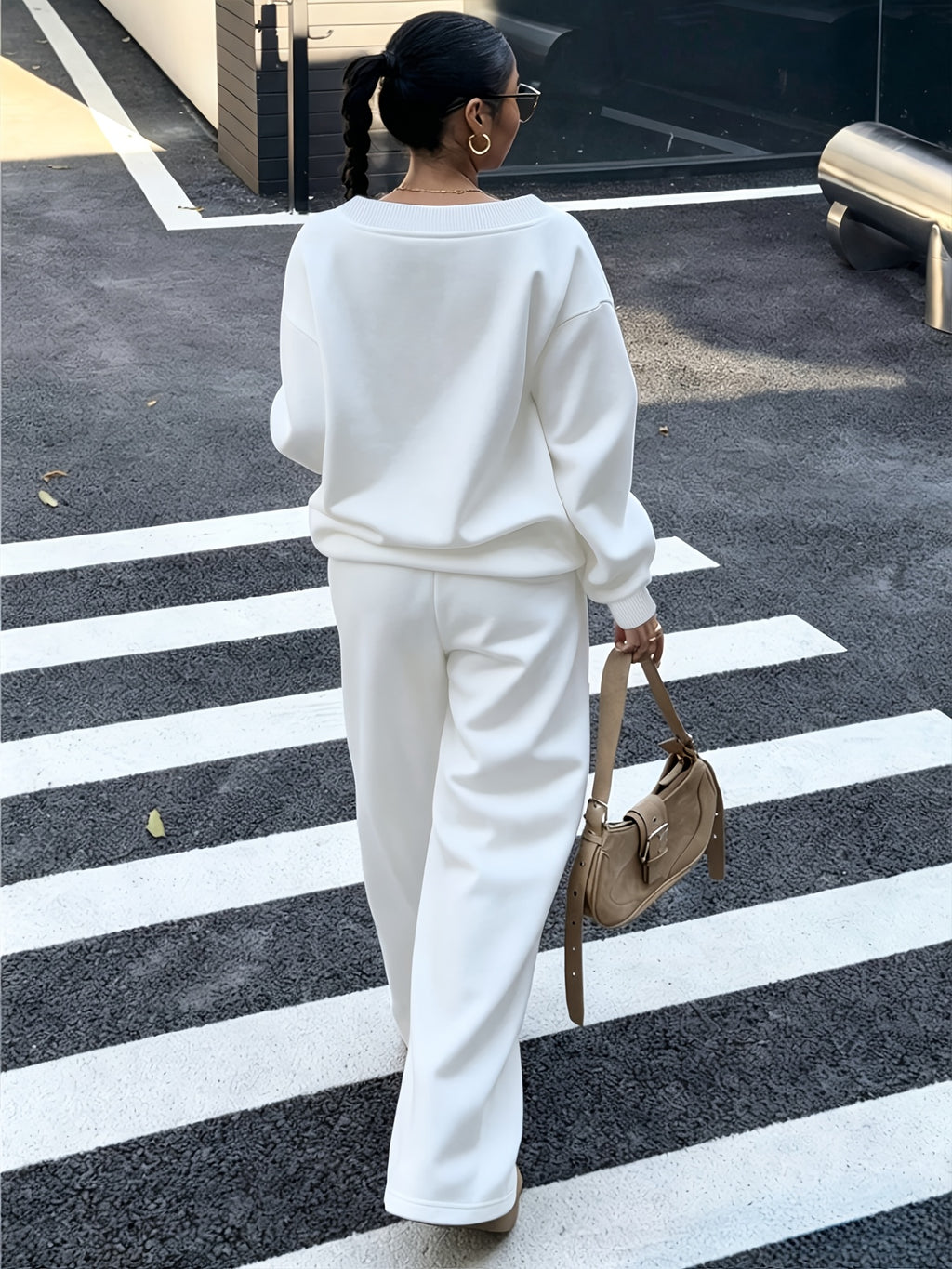 2pcs Women Bow Decor V-Neck Oversized Loose Sweatshirt And Sweatpants Set, Casual - White+White