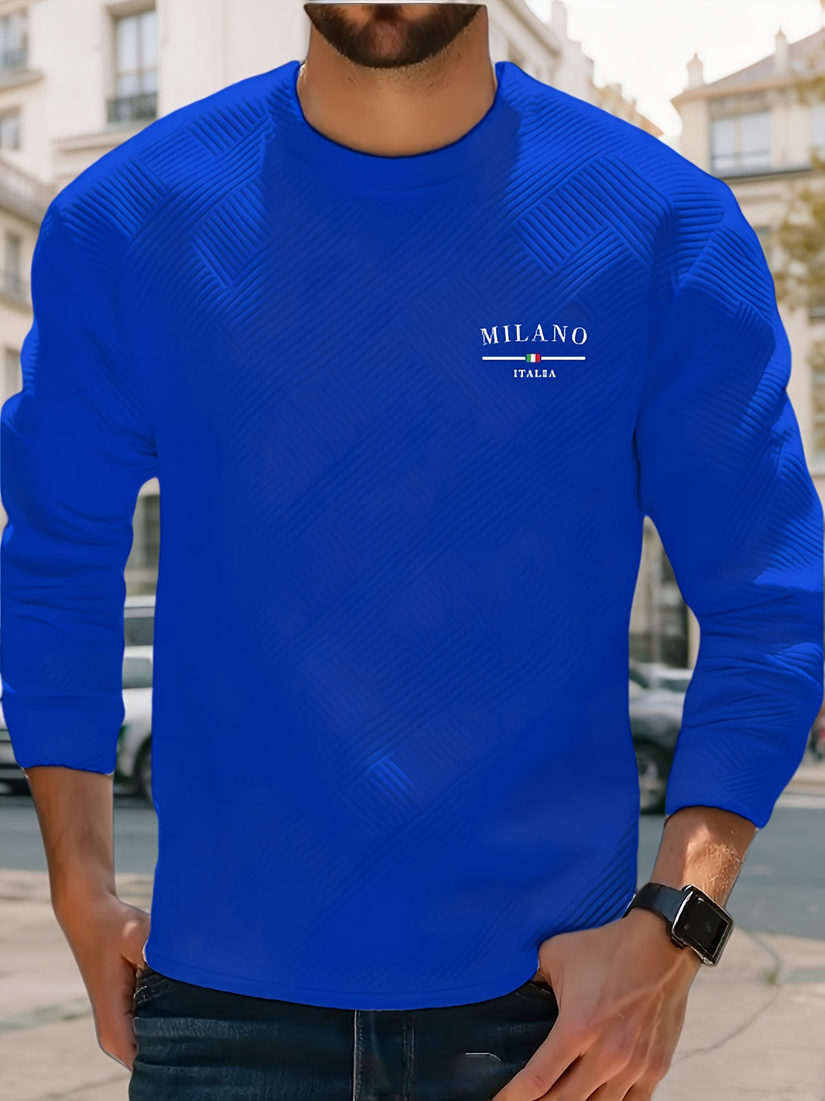Men'S Spring Autumn Casual Long Sleeve Sweatshirt Daily All-Match Heavy Jacquard Round Neck Sweatshirt, Regular Fit, Outdoor, Crew Neck, Geometric Print - Blue