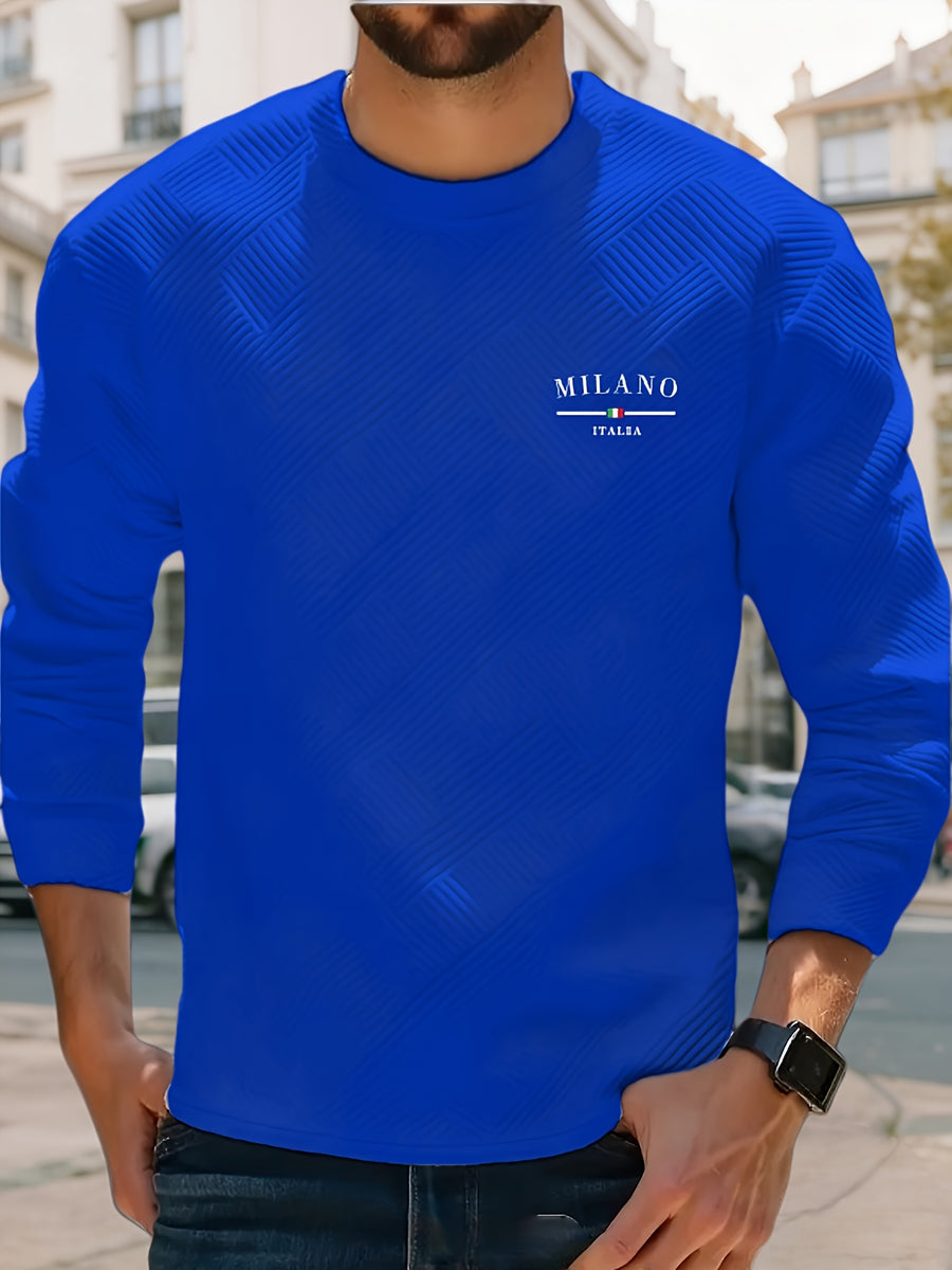 Men'S Spring Autumn Casual Long Sleeve Sweatshirt Daily All-Match Heavy Jacquard Round Neck Sweatshirt, Regular Fit, Outdoor, Crew Neck, Geometric Print - Blue