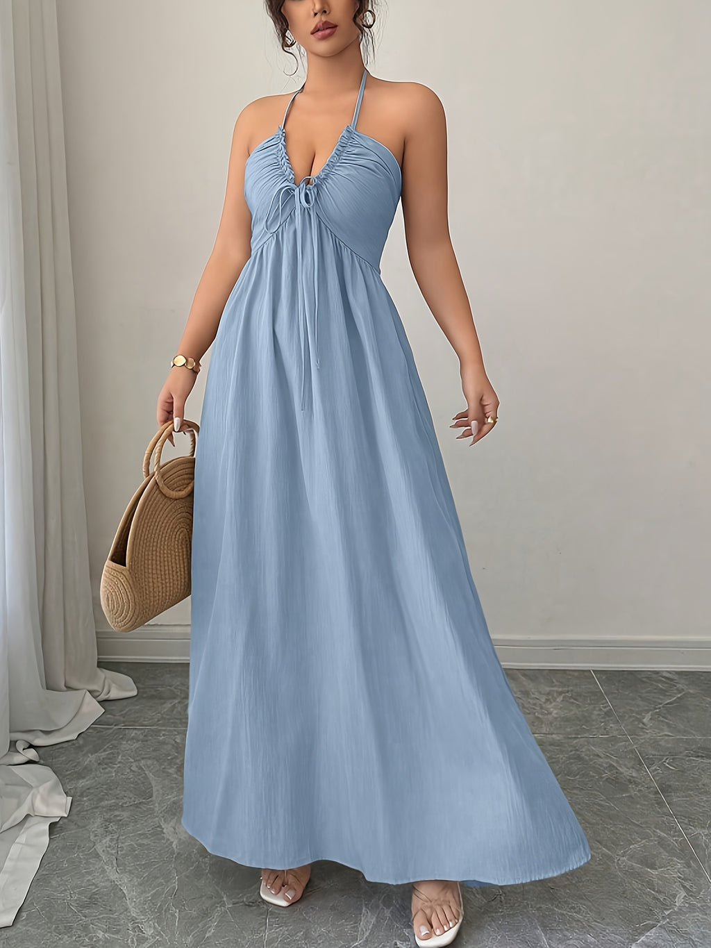 Women's Elegant Off-Shoulder Tie-Up Pleated Dress - Light Blue