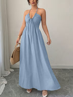 Women's Elegant Off-Shoulder Tie-Up Pleated Dress - Light Blue