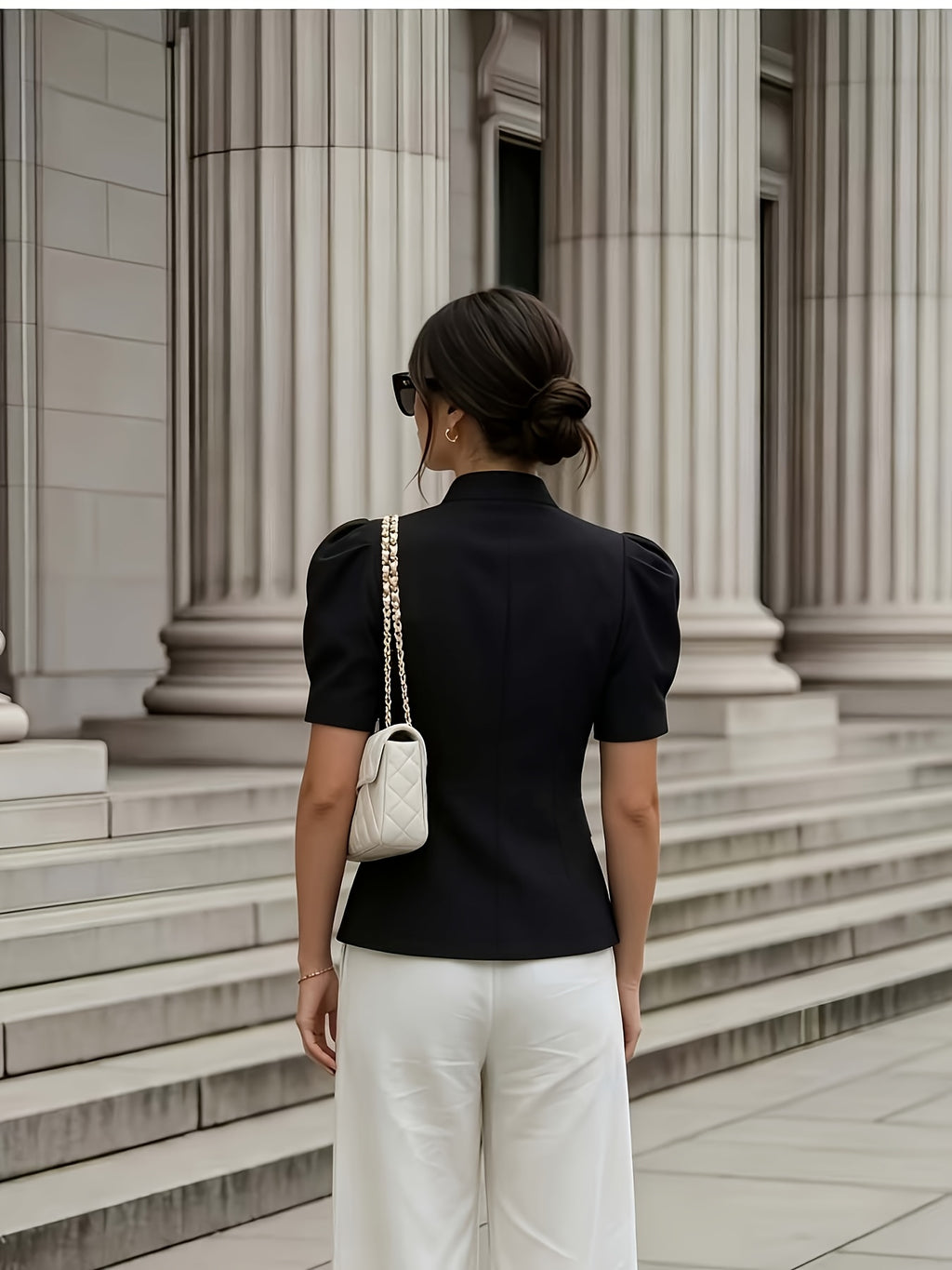 Fashionable and Elegant Women's Solid-color Stand-up Collar Princess-style Short-sleeve Jacket with Faux Pockets, Open Front, Single-breasted, and Casual Suit Jacket, Suitable for Commuting, Vacation, Business, and Daily Casual Wear - Black