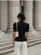 Fashionable and Elegant Women's Solid-color Stand-up Collar Princess-style Short-sleeve Jacket with Faux Pockets, Open Front, Single-breasted, and Casual Suit Jacket, Suitable for Commuting, Vacation, Business, and Daily Casual Wear - Black