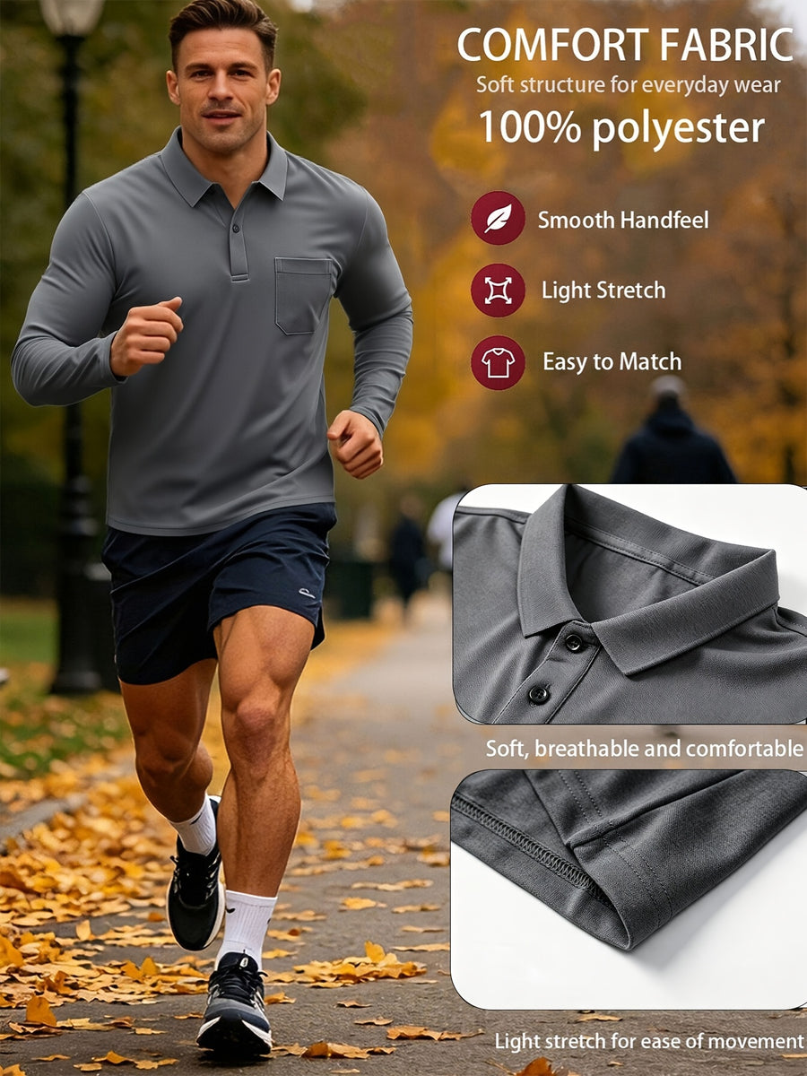 2pcs Men'S Long Sleeve Polo Shirt with Chest Pocket Design, Soft, Smooth, Wrinkle-Resistant And Casual Button Neck T-Shirt, Suitable for Spring And Autumn Wear, Lightweight Daily Commuting, Outdoor Sports, Business Basic Clothing - Black+gray