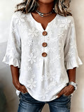Women's Floral V-Neck Notched Hem Embroidered Commuting Daily Summer Pretty Blouse - White