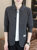 Du Jing Lan OBM Men's Autumn/Winter New Arrival Knitted Cardigan, Old Money Style Contrast Color Lapel Pocket Open Front Single-Breasted Knit Cardigan, Men's Business Casual Fashion Open Front Knit Cardigan Top, Contrast Color Checkered Design - Deep Gray