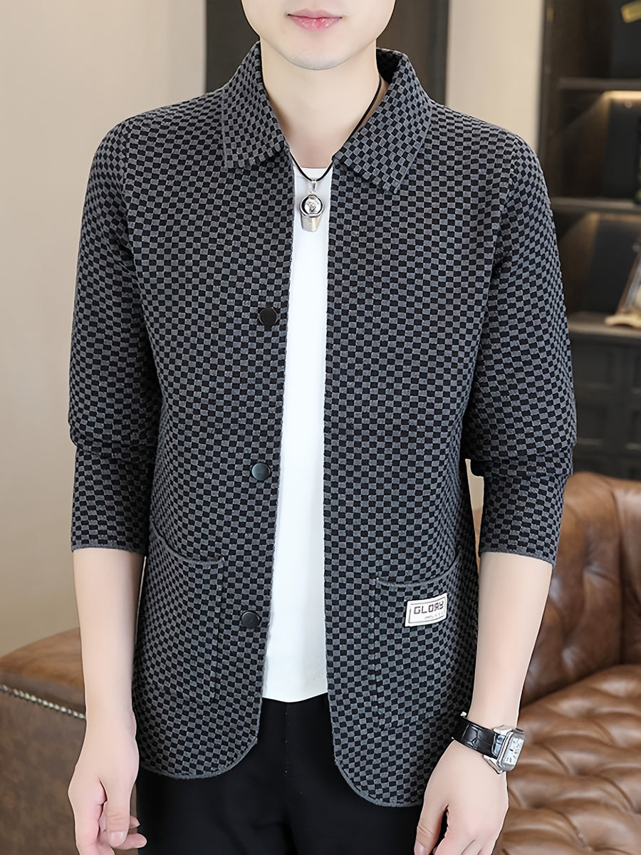Du Jing Lan OBM Men's Autumn/Winter New Arrival Knitted Cardigan, Old Money Style Contrast Color Lapel Pocket Open Front Single-Breasted Knit Cardigan, Men's Business Casual Fashion Open Front Knit Cardigan Top, Contrast Color Checkered Design - Deep Gray