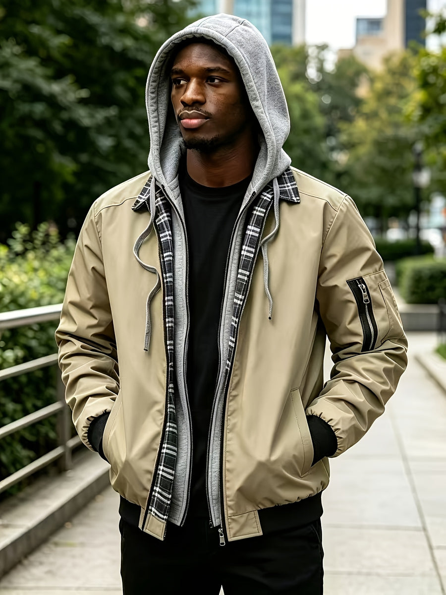 Spring Autumn Men'S Jacket Faux Two-Piece Hooded Cardigan Sports Casual Preppy Outdoor Quilted Cargo Jacket Bomber Jacket - Khaki