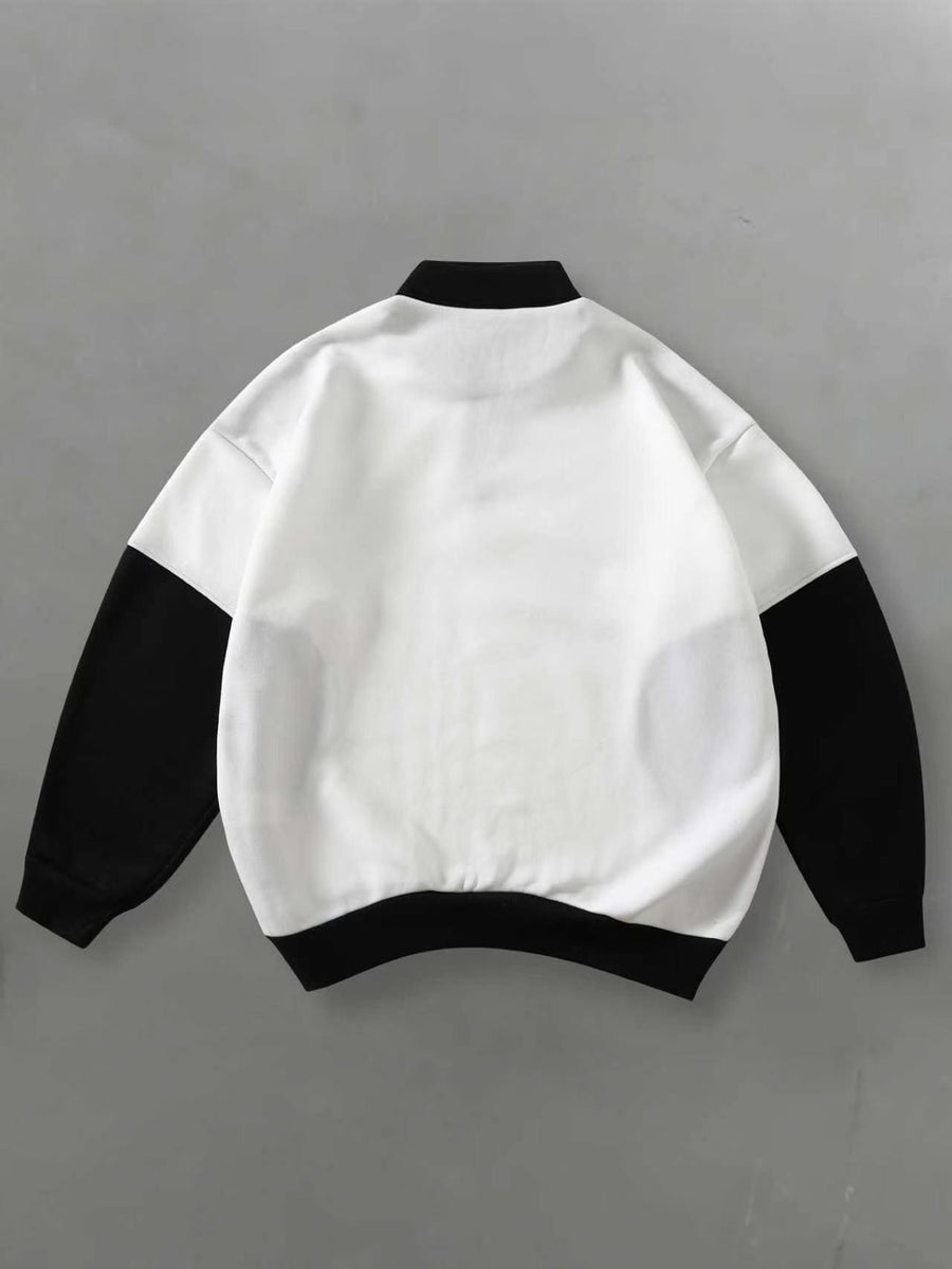 Men'S Half-Zip Stand Collar Sweatshirt MILANO Italian Flag Letter Print Color-Block Patchwork Top Street Racing Style Autumn Winter Long Sleeve Loose Drop Shoulder Ribbed Hem Black White Color-Block Casual Sweatshirt Suitable for Street Fashion - White