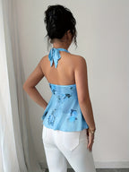 Sexy Printed Halter Neck Suspender Vest Top for Women - Deep Sky Blue