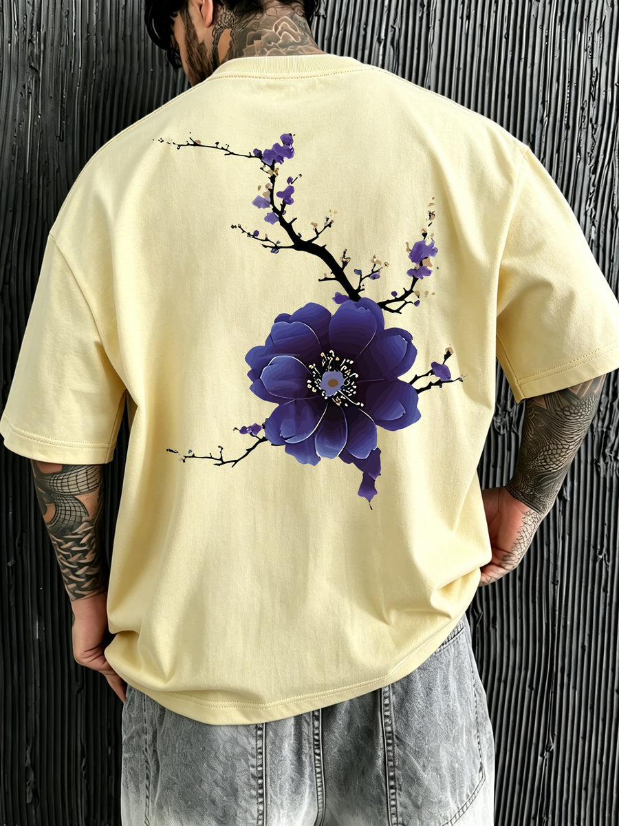 Men's New Style Pure Cotton Short Sleeve Crew Neck T-Shirt with Peony Flower Print, Casual, Comfortable, Soft, and Breathable, a Summer Essential - Apricot