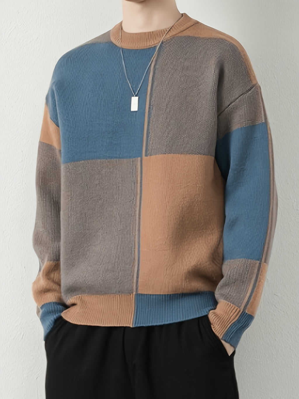 Men's Pullover Sweater, Men's Knitwear Top, Men's Autumn/Winter Winter Clothing, Autumn Apparel - 10719 Net-WE6812 Khaki Blue