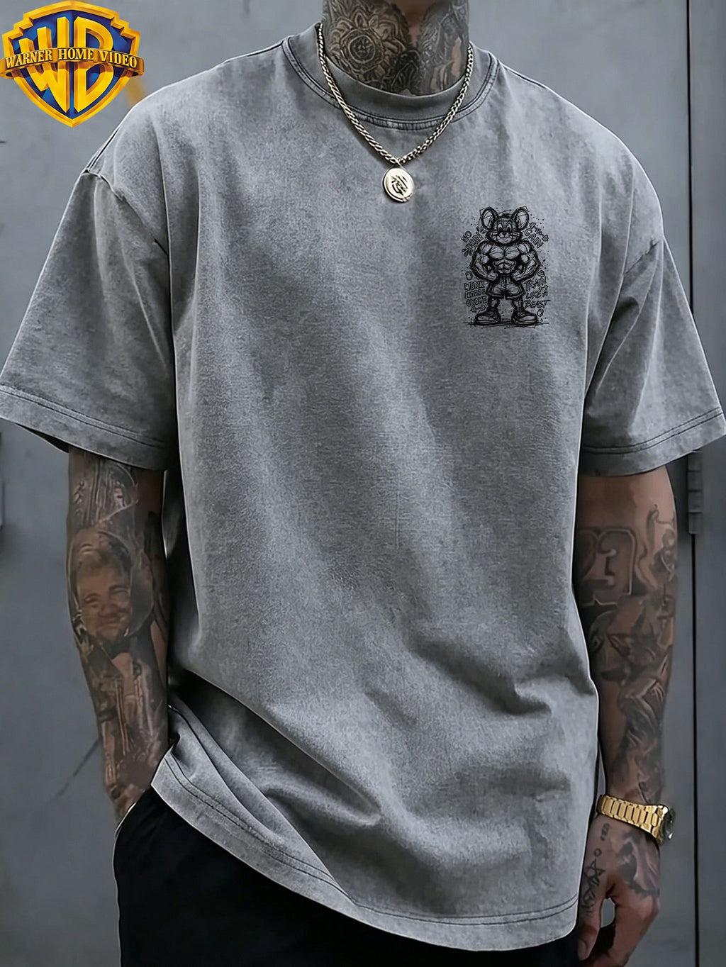 Warner Bros Official Muscle Fitness Mouse Doodle Sketch Print Washed Distressed Short-Sleeve T-Shirt, American Vintage Casual Top, Men's Casual Comfortable Versatile Loose T-Shirt, Suitable for Outdoors and Gym - Grey