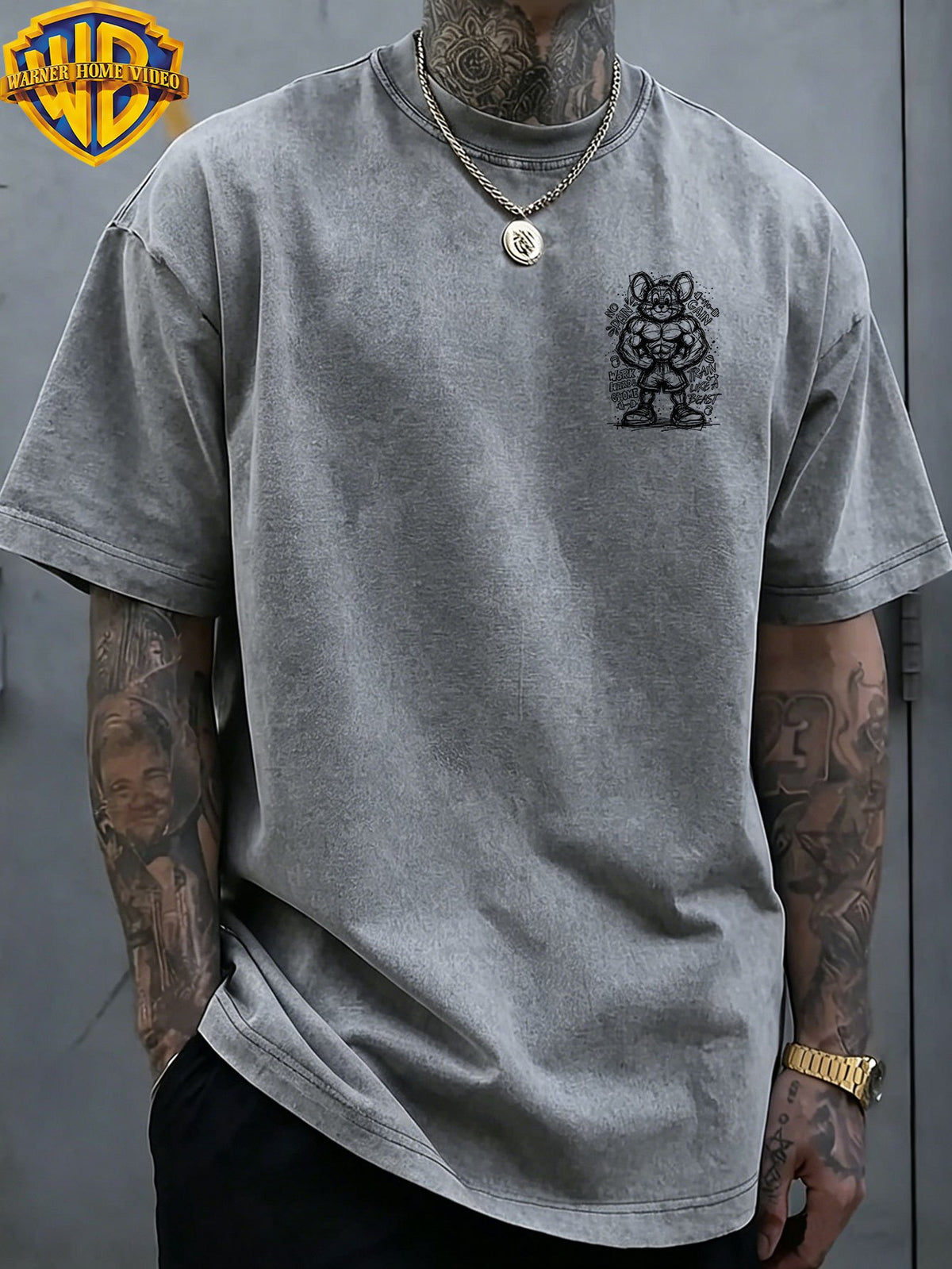 Warner Bros Official Muscle Fitness Mouse Doodle Sketch Print Washed Distressed Short-Sleeve T-Shirt, American Vintage Casual Top, Men's Casual Comfortable Versatile Loose T-Shirt, Suitable for Outdoors and Gym - Grey