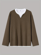 Men'S Spring And Autumn Fashion Waffle Long Sleeve T-Shirt - Coffee Color