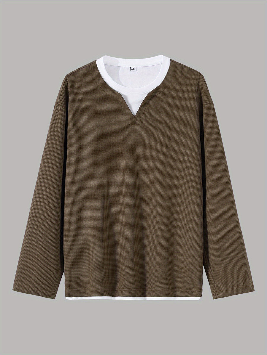 Men'S Spring And Autumn Fashion Waffle Long Sleeve T-Shirt - Coffee Color