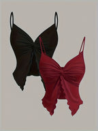 Women's Y2K Sexy Backless Top, Deep Red/Black Solid Color Twist Pleat Design, 4-Season Versatile Vest Set of 2pcs - Mixed colors