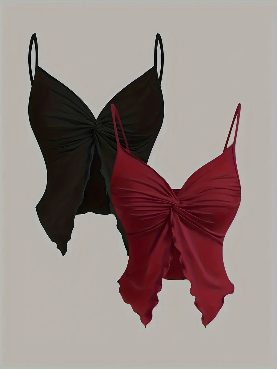 Women's Y2K Sexy Backless Top, Deep Red/Black Solid Color Twist Pleat Design, 4-Season Versatile Vest Set of 2pcs - Mixed colors