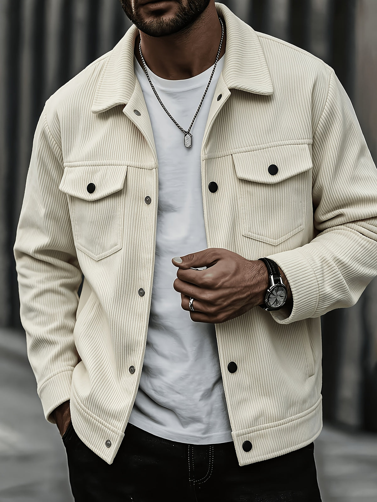 [Pearson OBM] Autumn Winter Men'S Corduroy Solid Color Casual Fashion Multi-Pocket Button-Up Jacket 2pcs Set - Beige+Khaki
