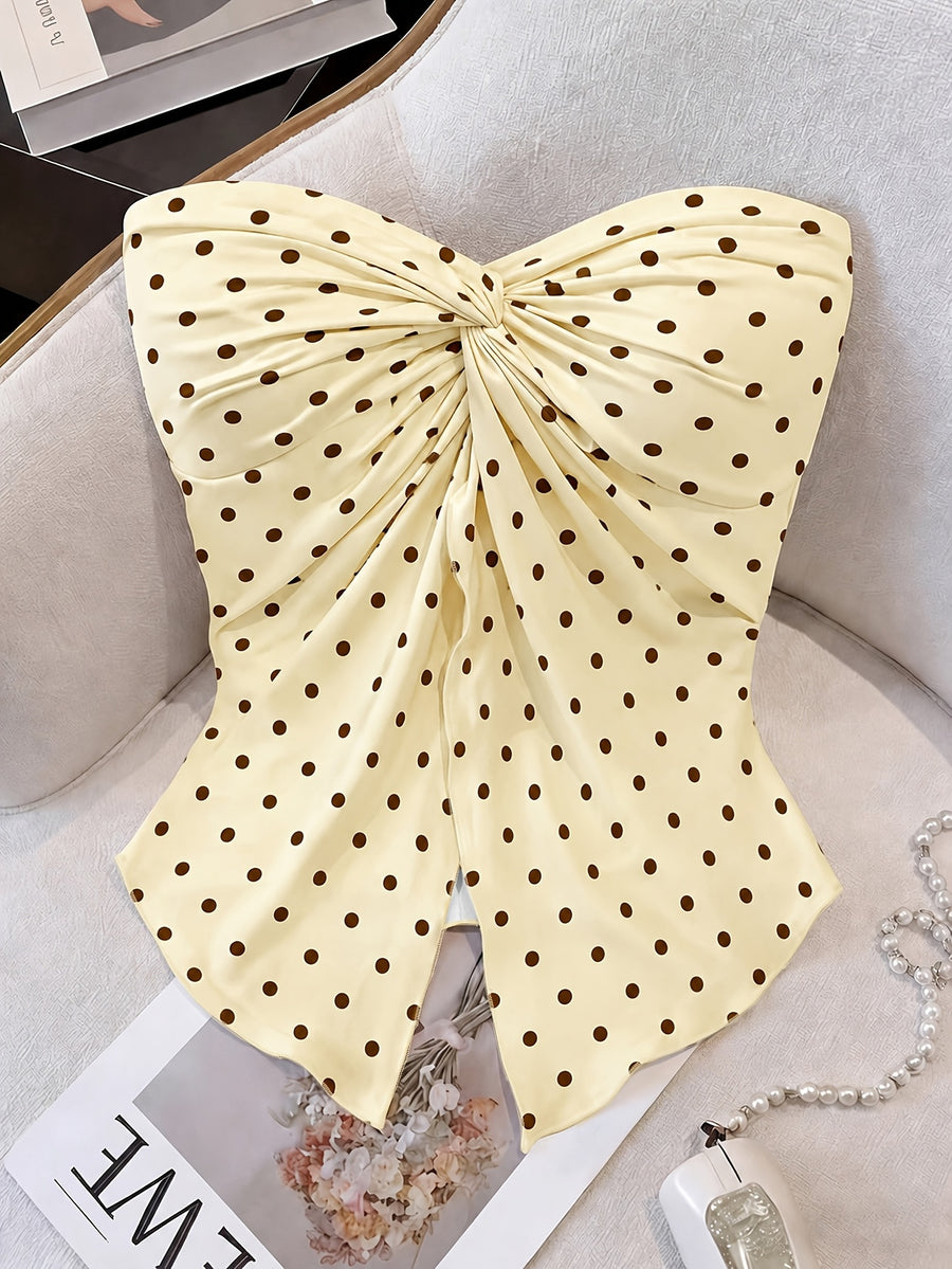 Women's New Vintage Fashion Casual Elegant French-Style Romantic Twist Knot Design Bandeau Vacation Top - Yellow