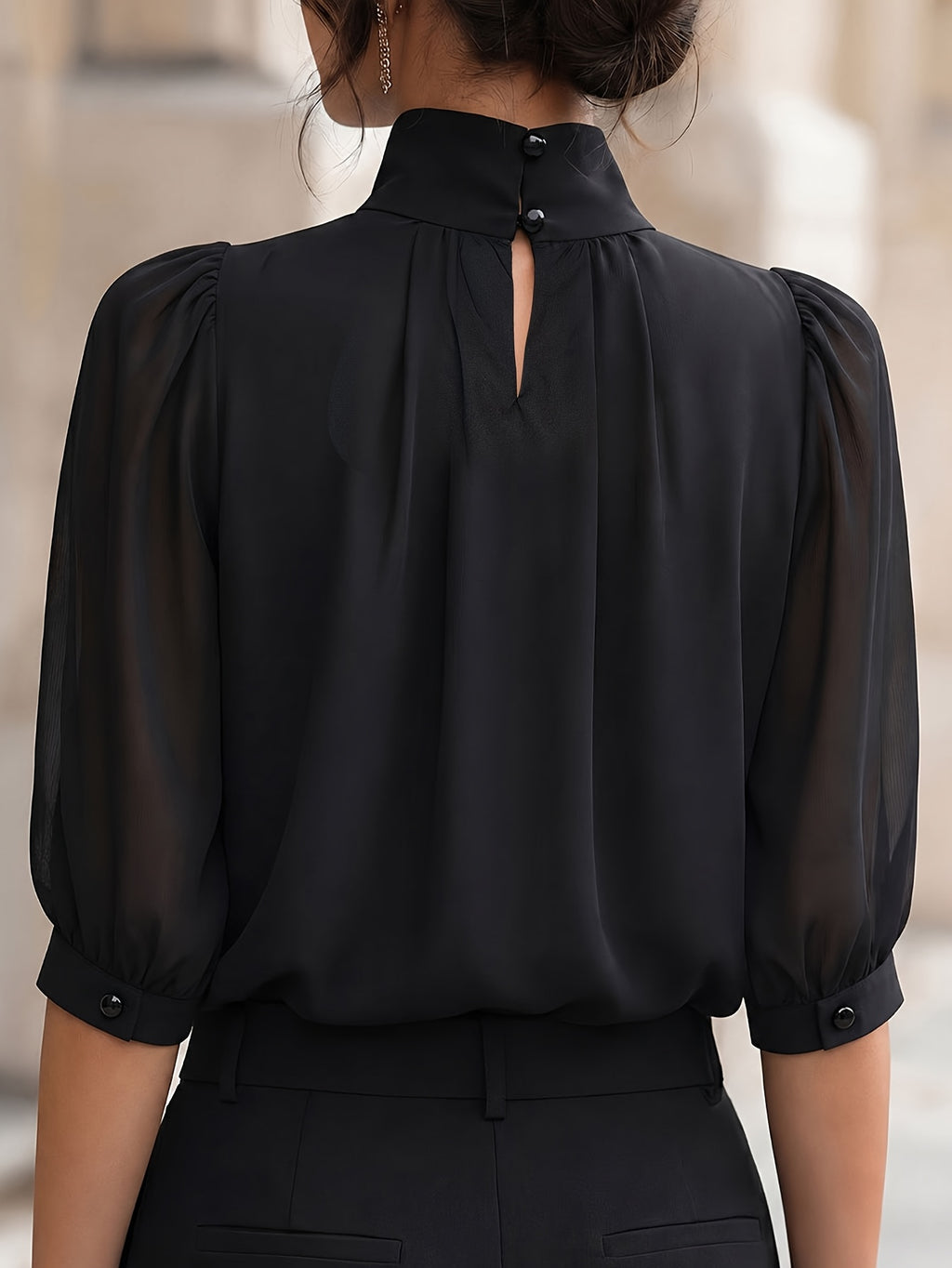 Women'S Elegant High-Neck Chiffon Puff Sleeve Blouse Summer New Arrival - Black