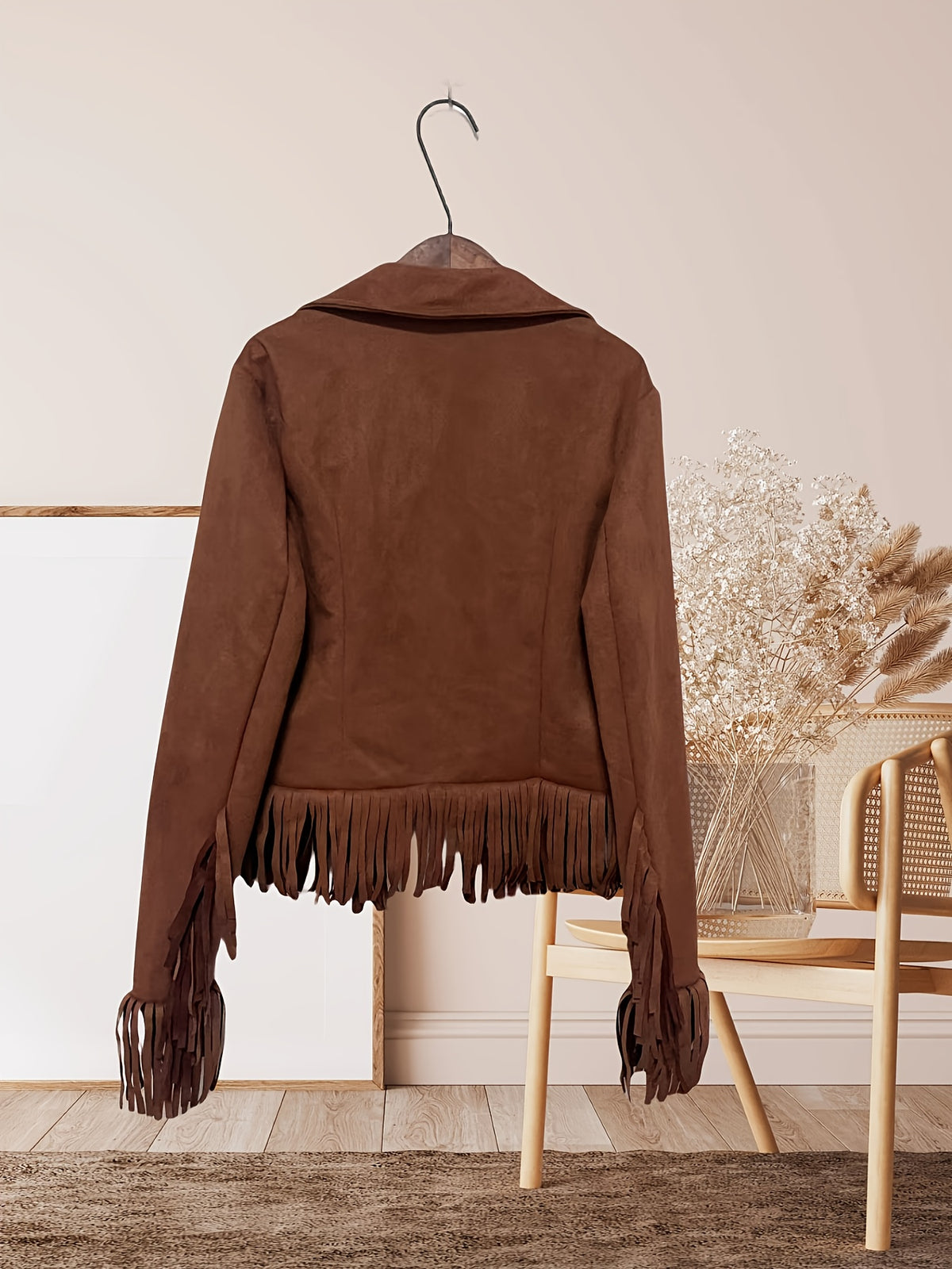 Women's Western Bohemian Fringe Faux Suede Jacket - Dark Brown