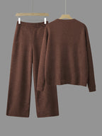 Women's Fashion Print Round Neck Sweater Set - Dark Brown