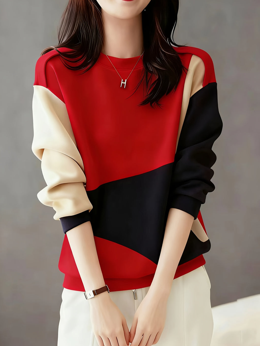 Fall Winter Women'S Fashion Color-Block Artistic Geometric Split Daily Casual Commute Sweatshirt - Red