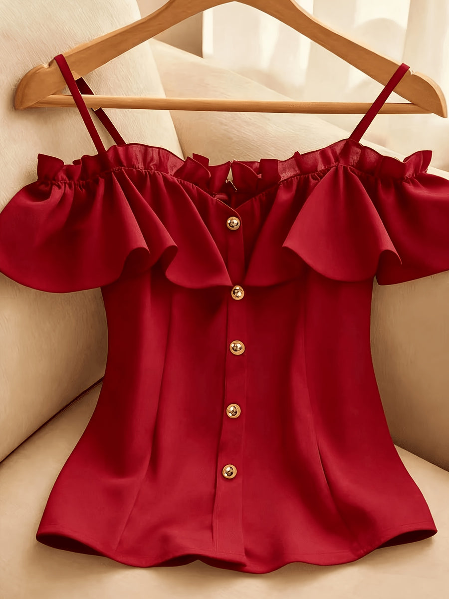 Women's Summer Casual Solid Color Off-Shoulder Ruffle Camisole Tank Top - Red