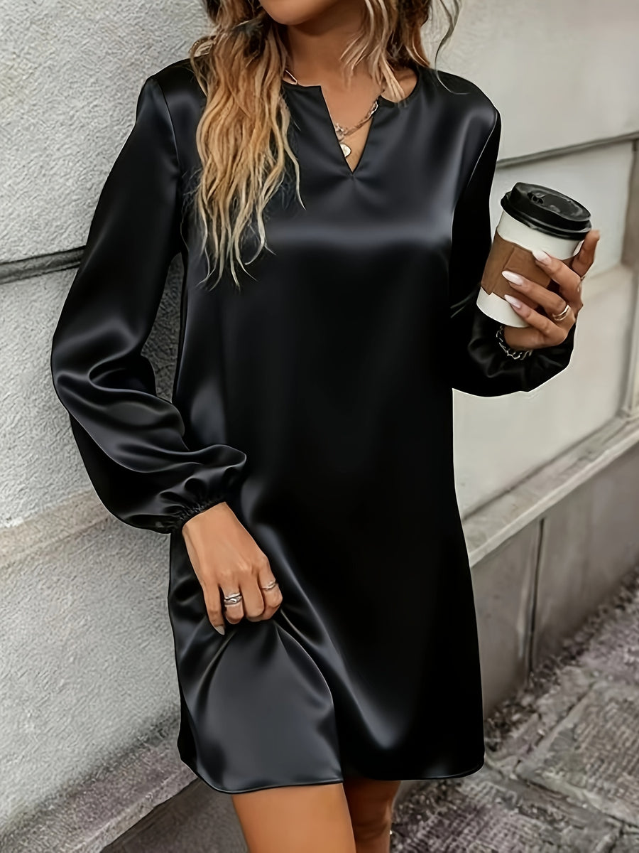 New Section Versatile Easy High-End Elegant V-Neck Solid Color Dress - Black