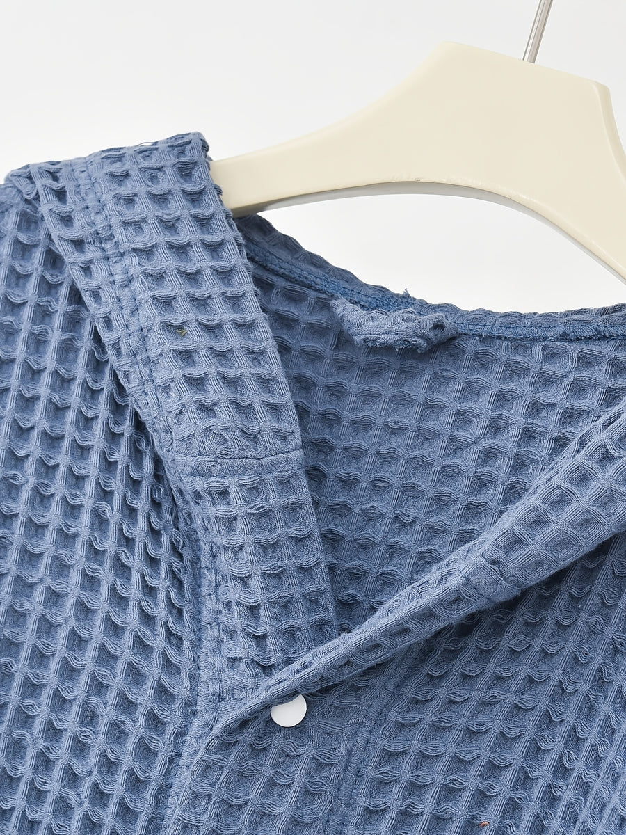 A 100% Waffle- Hooded Bathrobe with Quick-absorbing and Excellent Warmth Properties, Ideal for Bathing, Swimming, and Vacation Wear. Suitable for Sleeping. Features a Very Loose Fit. Perfect as a Holiday Gift for Family, Friends, or Partners - Blue
