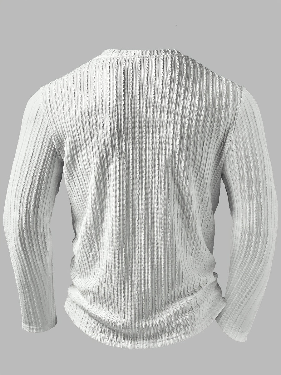 Men'S Fashion Men'S Top, Autumn Winter Outdoor Casual Fashion Men'S Wear, Solid Texture Jacquard Fabric V-Neck Single-Button Long Sleeve Men'S Henley Shirt - White