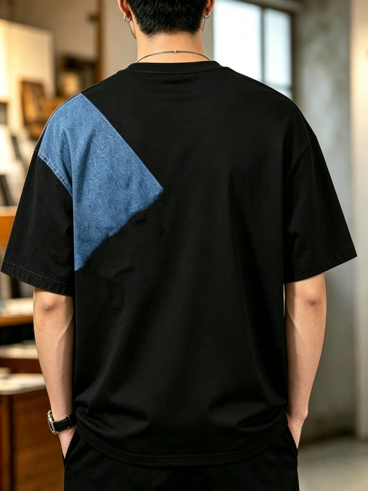 Printed Design- Not Textured/2d Printing Men's Denim Pocket Printed Short Sleeve Black Contrast Retro Printed T-shirt Outdoor Fitness Loose Comfortable Top - Mixed colors