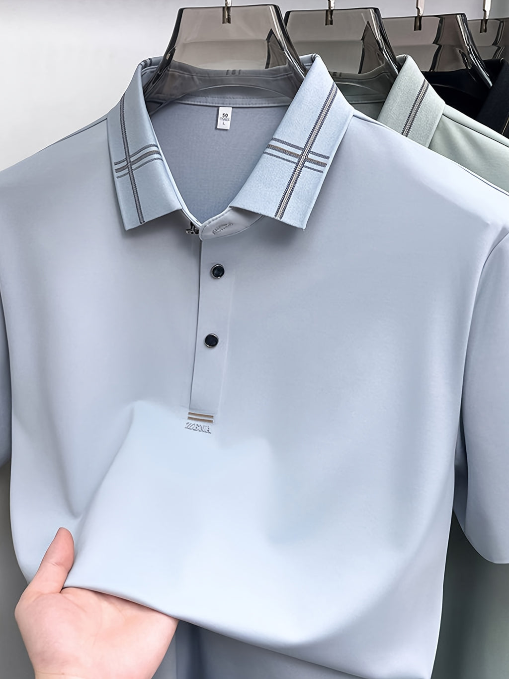 Men's Summer Polo Shirt with Plaid Contrast Collar, Seamless Construction for a Restrictive-Free Feel, a Comfortable Choice for Summer Commuting, Outdoor Activities, and Business Meetings - SINBOS - Light Blue