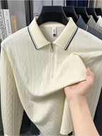 Men's Half-Zip Lapel Long-Sleeve Polo Shirt, Full-Rhombus Jacquard Texture, Contrast-Color Ribbed Collar, Simple Light-Luxury Top, for Business Receptions, Daily Commuting, Loose-Fit Men's Long-Sleeve T-Shirt - Beige Camel