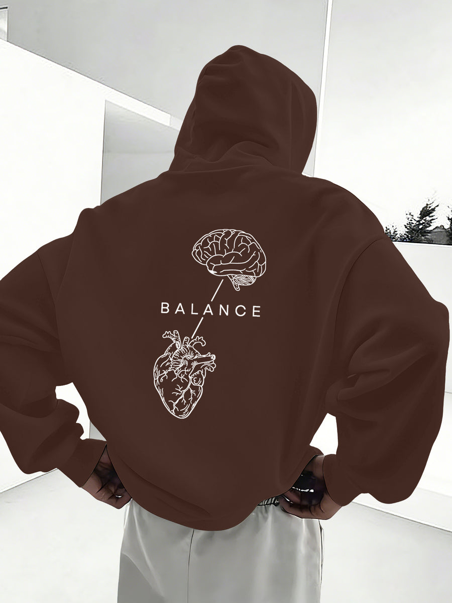 Minimalist Trendy Unisex Hoodie with Brain And Heart Balance Print - Coffee Color