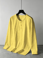Men's Linen Henley Collar Long Sleeve Loose Fit Casual Vacation Top - Yellow