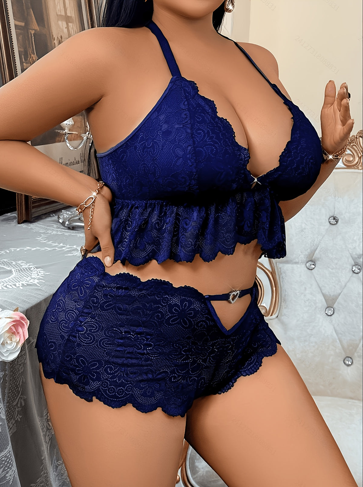 Plus Size Front-Button Lace Patchwork Backless 3-Ring Buckle Sexy Lingerie Heart-Shaped Hollow-Out Pants Set - Navy Color