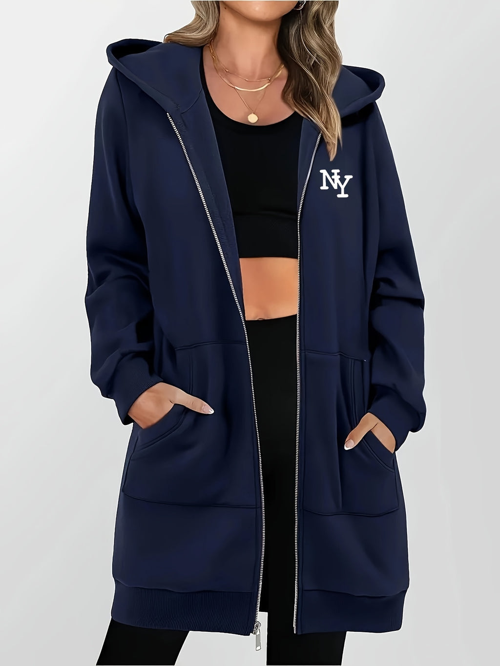 Women's Fashion Zip-Up Hoodie - Navy Color