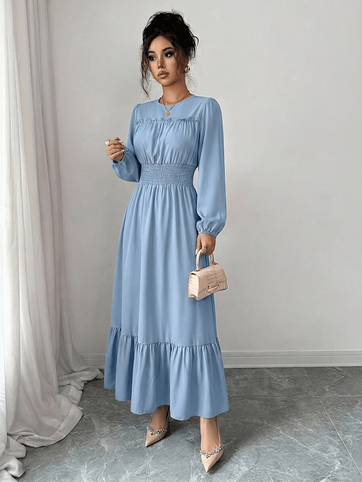 Women's Round Neck Ruffle Bubble Long Sleeve Stretch Elastic Waist Flowy Dress, Solid Color Layered Long Skirt with Tiered Ruffle Hem for a Flowing Drape. Suitable for Daily Outings, Beach Trips, Weekend Getaways, and Casual Dates - Sky Blue