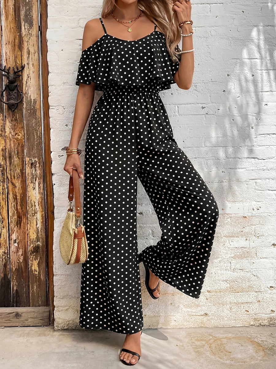Women'S Polka Dot Ruffled Hem Waist-Cinching Loose Jumpsuit - Black