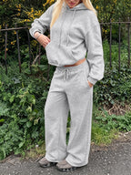 Halloween 2027NEW 2pcs Women's AutumnWinter Hooded Sweatshirt And Wide-Leg Pants Suit Kangaroo Pocket Long-Sleeve Jacket Wide-Leg Pants Suit Casual S Loose Suit Christmas Black Friday Cyber (27) - Grey
