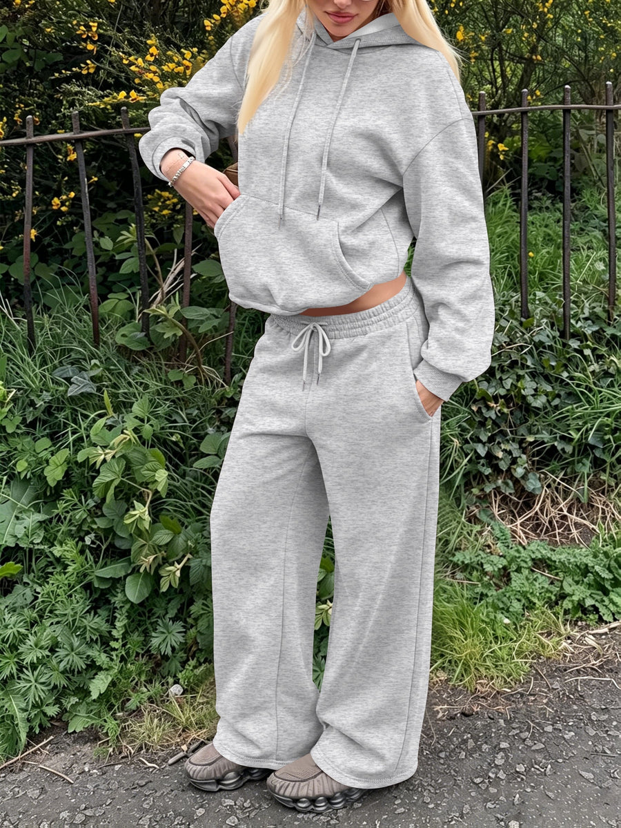 Halloween 2027NEW 2pcs Women's AutumnWinter Hooded Sweatshirt And Wide-Leg Pants Suit Kangaroo Pocket Long-Sleeve Jacket Wide-Leg Pants Suit Casual S Loose Suit Christmas Black Friday Cyber (27) - Grey