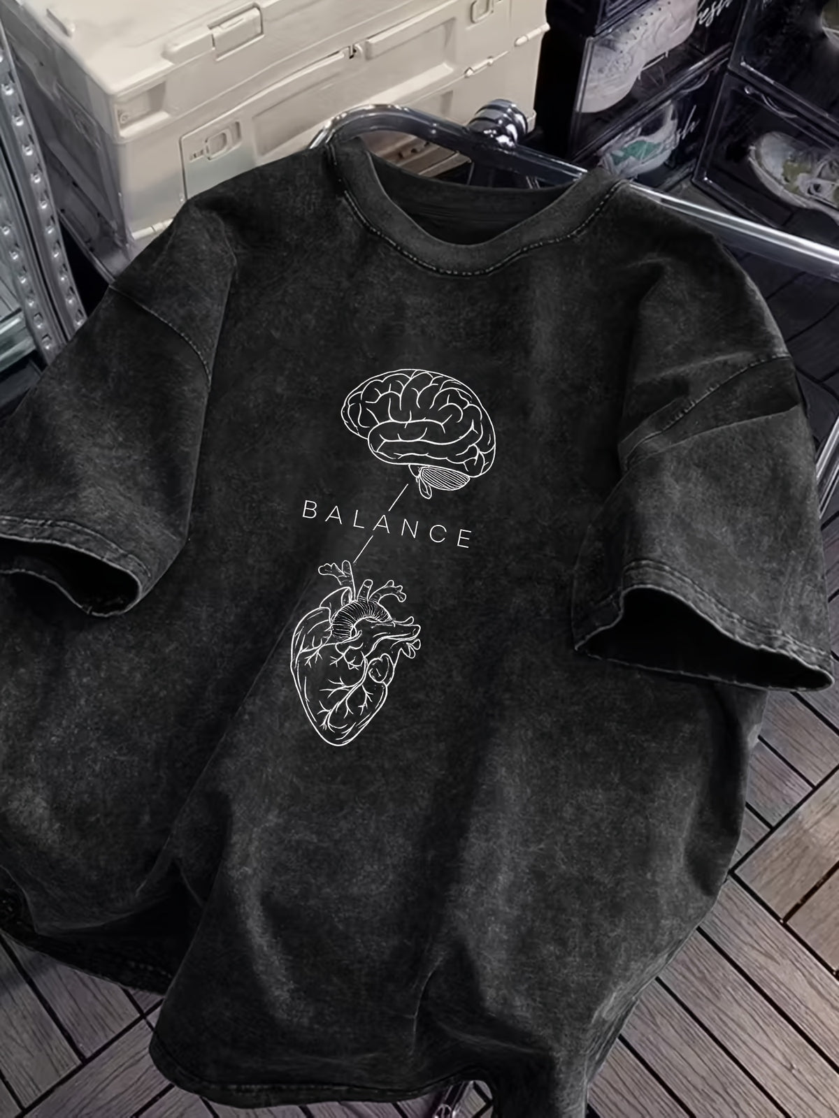 Women's Short-sleeve T-shirt, 100%, Featuring a Realistic Print of a Human Brain and Heart with Minimalist Lines. Washed for a Vintage Look, Durable and Machine Washable. Showcases a Unique Style That Balances Rationality and Emotion, Suitable for - Black