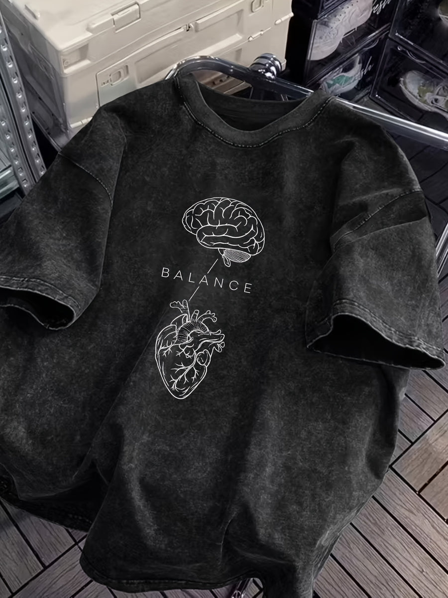 Women's Short-sleeve T-shirt, 100%, Featuring a Realistic Print of a Human Brain and Heart with Minimalist Lines. Washed for a Vintage Look, Durable and Machine Washable. Showcases a Unique Style That Balances Rationality and Emotion, Suitable for - Black