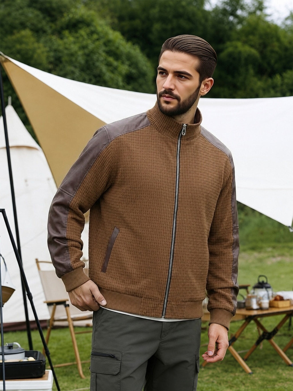 EXARUS American Retro Stand Collar Patchwork Jacket Men'S Spring Autumn Style, Waffle Checkered with Drop Shoulder Cargo Coat, Western Street Casual Zipper Baseball Top. 3D Textured Fabric, Smooth Full Zip Closure, Brown And Gray Available - Light Brown-1