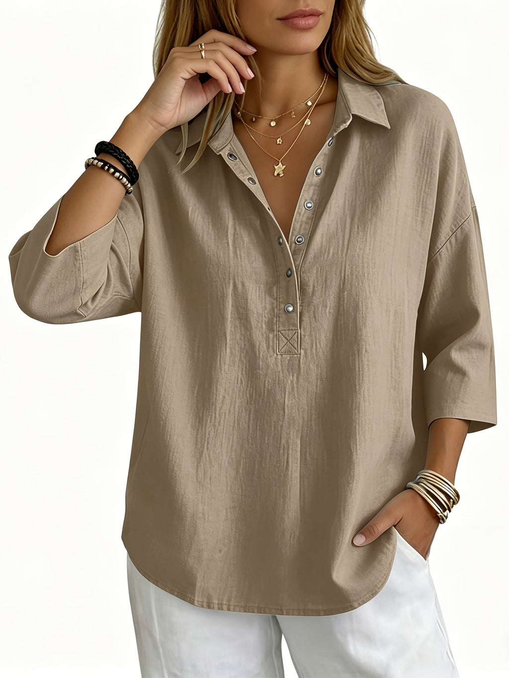 Women'S Elegant Comfortable 3/4 Sleeve Top, Fashionable Button-Up Basic Shirt, Loose Casual V-Neck Three-Quarter Sleeve T-Shirt - Khaki