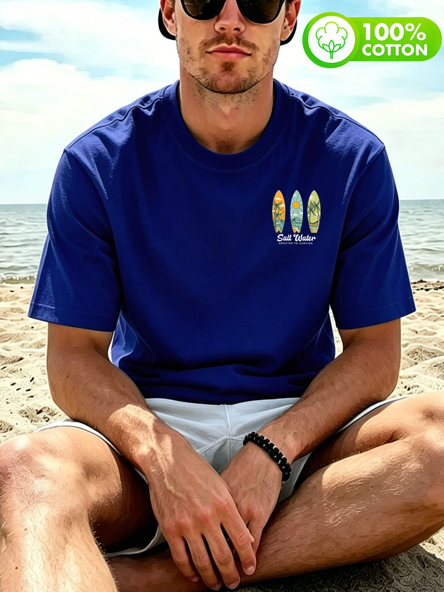 Men'S 100% T-Shirt, "Salt Water" Vintage Surfboard Front And Back Print Design, Casual Trendy Street Sport Short Sleeve T-Shirt Summer New Style, Round Neck Short Sleeve Summer Top, Casual Street Style, Suitable for Summer Daily Outdoor Wear - Royal Blue