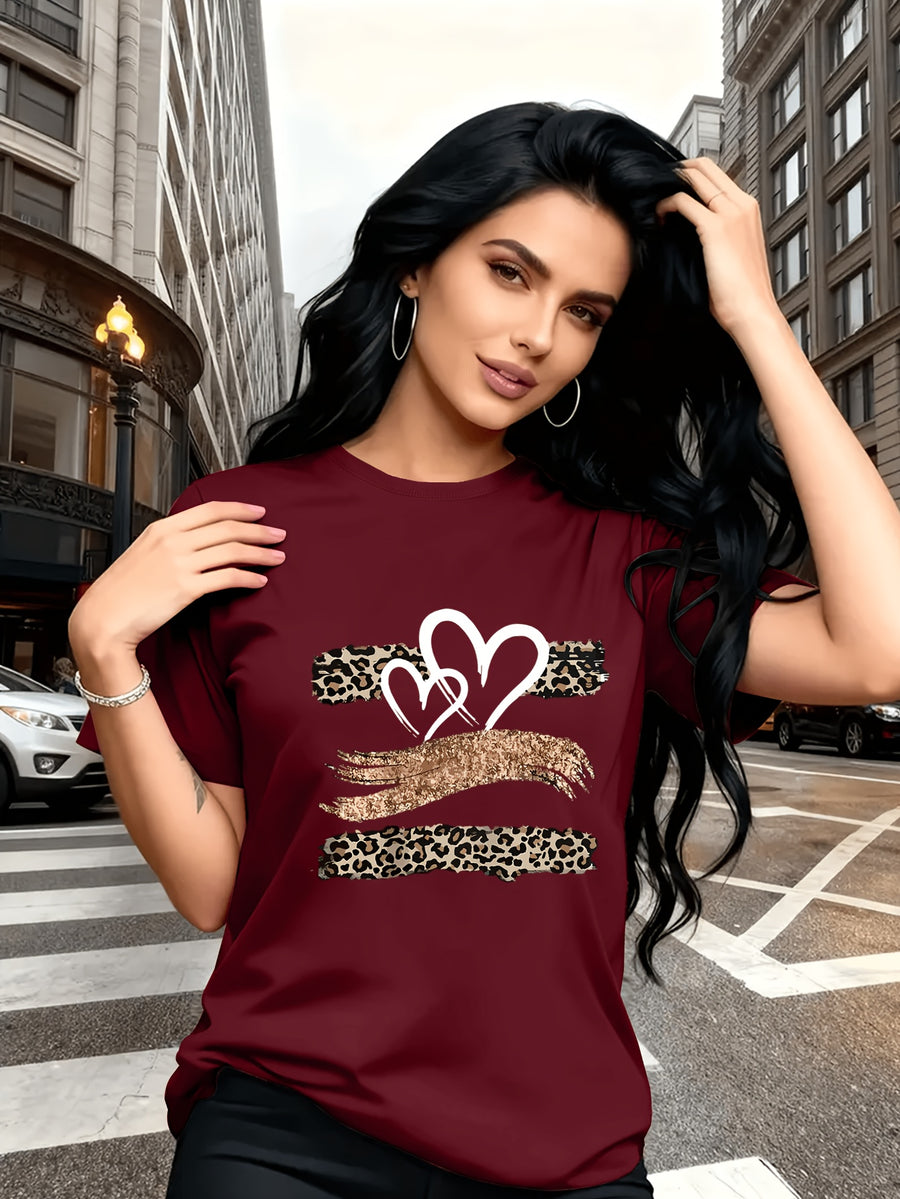Leopard Print Heart Glitter-themed Pattern Print, Fashionable Breathable T-shirt, for Family Travel,, Casual S, Daily Commutes, Matching Outfits for Sisters, Versatile T-shirt 30057 - Red 1